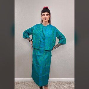 60s Satin Blue Green 3 pc Walking Suit Floral Mod MCM Top Jacket Pencil Skirt M